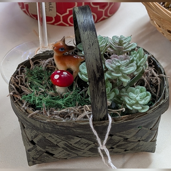 Other - Darling Rustic Green Basket with Faux Succulents and Vintage Deer Figurine